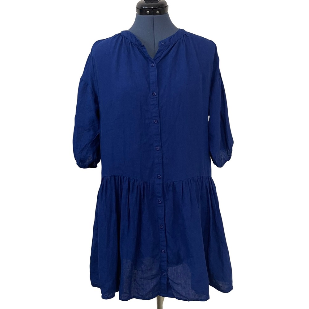 Apiece Apart Maurino Blue Linen Puff Sleeve Drop Waist Oversized Mini Dress XS